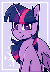Size: 2039x2894 | Tagged: safe, artist:jellysketch, part of a set, character:twilight sparkle, character:twilight sparkle (alicorn), species:alicorn, species:pony, g4, blush sticker, blushing, cutie mark background, eye clipping through hair, female, high res, horn, looking at you, mare, partially open wings, smiling, smiling at you, solo, wings