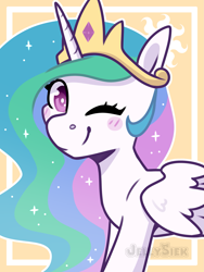Size: 2067x2756 | Tagged: safe, artist:jellysketch, part of a set, character:princess celestia, species:alicorn, species:pony, g4, blush sticker, blushing, crown, cutie mark background, ethereal mane, female, high res, horn, jewelry, looking at you, mare, one eye closed, regalia, smiling, smiling at you, solo, wings, wink, winking at you