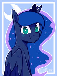 Size: 2067x2756 | Tagged: safe, artist:jellysketch, part of a set, character:princess luna, species:alicorn, species:pony, g4, blush sticker, blushing, cutie mark background, ethereal mane, eye clipping through hair, female, galaxy mane, high res, horn, looking at you, mare, smiling, smiling at you, solo, wings