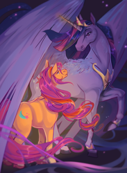 Size: 2830x3860 | Tagged: safe, artist:ohmisweetgoodness, character:sunny starscout, character:twilight sparkle, character:twilight sparkle (alicorn), species:alicorn, species:earth pony, species:pony, g5, big wings, butt, crown, duo, female, glowing, glowing horn, high res, hoers, horn, jewelry, looking at each other, looking at someone, magic, mane stripe sunny, mare, necklace, older, older twilight, peytral, plot, raised hoof, regalia, smiling, subversion, sunny and her heroine, that magic was not yours to give, wings