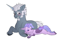 Size: 1280x883 | Tagged: safe, artist:primrosepaper, character:alphabittle, character:alphabittle blossomforth, character:queen haven, species:pegasus, species:pony, species:unicorn, ship:alphahaven, g5, alphabetes, blushing, colored hooves, cute, female, hooves, lying down, male, mare, prone, shipping, simple background, smiling, stallion, straight, transparent background, unshorn fetlocks, watermark