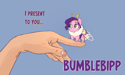 Size: 2920x1768 | Tagged: safe, artist:jewellier, character:pipp petals, species:human, species:pegasus, species:pony, g5, adorapipp, antennae, bee pony, blue background, bumblebee, bumblebipp, chest fluff, chibi, cute, dialogue, female, female focus, hand, high res, hnnng, human pov, hybrid, innocent, insect wings, it begins, offscreen character, offscreen human, original species, pipp is small, pipp wings, signature, simple background, smol, solo focus, species swap, talking to viewer, text, tiny, tiny ponies, wings