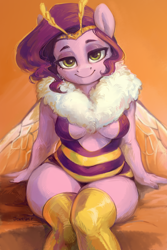 Size: 2000x3000 | Tagged: safe, artist:jewellier, character:pipp petals, species:anthro, species:pegasus, g5, absolute cleavage, adorapipp, bedroom eyes, bee, bee pony, bodysuit, boob window, breasts, bumblebee, bumblebipp, chubby, cleavage, clothing, cute, female, fur collar, high res, hybrid, insect wings, looking at you, mare, original species, pear shaped, pipp is chubby, pipp wings, reasonably sized breasts, relaxed, sexy, signature, simple background, sitting, smiling, smiling at you, socks, solo, species swap, stupid sexy pipp petals, thigh highs, thighs, underboob, wide hips, wings