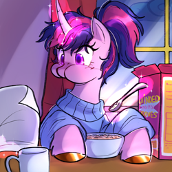 Size: 2000x2000 | Tagged: safe, artist:starsbursts, character:twilight sparkle, character:twilight sparkle (alicorn), species:alicorn, species:pony, g4, alternate hairstyle, aweeg*, bowl, cereal, cereal box, clothing, colored hooves, curved horn, cute, eating, female, food, glowing, glowing horn, grinded pony hooves, high res, hooves, horn, magic, magic aura, mare, paper, ponytail, solo, spoon, sweater, telekinesis, three quarter view, twiabetes, unshorn fetlocks