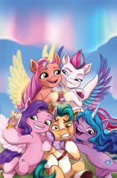 Size: 2063x3131 | Tagged: safe, artist:amy mebberson, idw, official, official comic, character:hitch trailblazer, character:izzy moonbow, character:pipp petals, character:sunny starscout, character:zipp storm, species:alicorn, species:earth pony, species:pegasus, species:pony, species:unicorn, g5, my little pony: a new generation, spoiler:comic, spoiler:g5comic, spoiler:g5comic01, 2d, alicornified, artificial horn, artificial wings, augmented, aurora borealis, best friends, bff, blaze (coat marking), blushing, bracelet, cellphone, cheek squish, cheek to cheek, closed eye, comic, comic cover, comics, continuity, female, friendship, friendship bracelet, glowing, glowing horn, glowing wings, gradient hair, grass, grin, gritted teeth, group hug, happy, headband, high res, hitch trailblazer gets all the mares, horn, hug, jewelry, long hair, looking at each other, looking at someone, magic, magic horn, magic wings, male, mane five, mane stripe sunny, mare, multicolored hair, one eye closed, one of these things is not like the others, open mouth, open smile, personal space invasion, phone, pipp wings, race swap, regalia, royal sisters (g5), selfie, siblings, sisters, sky, smartphone, smiling, spread wings, squished, squishy cheeks, stallion, sunnycorn, sweat, teeth, together, touching hooves, wings, wink