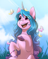 Size: 1057x1314 | Tagged: safe, artist:its-gloomy, character:izzy moonbow, species:pony, species:unicorn, g5, my little pony: a new generation, bracelet, butterfly, colored hooves, crepuscular rays, cute, female, gradient hair, grass, happy, hooves, izzybetes, jewelry, looking at something, mare, multicolored hair, open mouth, open smile, outdoors, raised hoof, signature, sitting, sky, smiling, solo, unshorn fetlocks