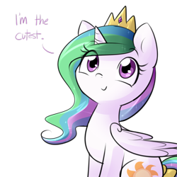 Size: 750x750 | Tagged: dead source, safe, artist:its-gloomy, character:princess celestia, species:pony, g4, :>, crown, cute, cutelestia, dialogue, eye clipping through hair, female, jewelry, looking at you, mare, regalia, simple background, sitting, smiling, solo, text, transparent background, truth