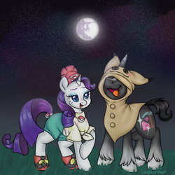 Size: 3000x3000 | Tagged: safe, artist:leopardsnaps, character:rarity, oc, oc:crystal nightshine, species:pony, species:unicorn, g4, canon x oc, cloak, clothing, colored hooves, costume, covered eyes, crossover, duo, female, gradient hooves, gradient horn, hat, holiday, hooves, looking at each other, looking at someone, male, mare, mimikyu, moon, night, nightmare night, nintendo, open mouth, outdoors, pokemon trainer, pokémon, raised hoof, rarinat, shipping, shirt, shoes, shorts, smiling, stallion, transgender oc, unicorn oc, unshorn fetlocks, video game