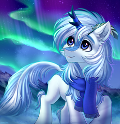Size: 1920x1980 | Tagged: safe, artist:hakaina, derpibooru original, oc, oc only, oc:code quill, species:kirin, species:pony, aurora borealis, cheek fluff, clothing, commission, cute, ear fluff, feather, horn, kirin oc, leg fluff, leonine tail, looking away, male, multicolored hair, non-pony oc, ocbetes, quill, scarf, simple background, smiling, solo, tail, three quarter view, ych result