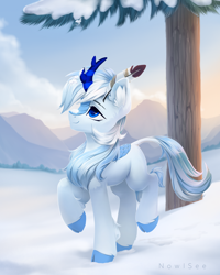 Size: 2000x2500 | Tagged: safe, artist:inowiseei, oc, oc only, oc:code quill, species:kirin, species:pony, g4, cloven hooves, colored hooves, cute, eyebrows, feather, feather in hair, high res, hooves, kirin oc, leg fluff, leonine tail, looking up, male, non-pony oc, ocbetes, profile, quill, raised hoof, raised leg, signature, smiling, snow, solo, stallion, standing on two hooves, tail, tree, tree trunk