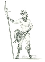 Size: 1000x1376 | Tagged: safe, artist:baron engel, character:shining armor, species:anthro, species:pony, species:unicorn, g4, abs, alternate universe, bare chest, boots, chainmail, clothing, cutie mark, cutie mark on clothes, dreamscape, halberd, loincloth, partial nudity, shield, shoes, solo, topless