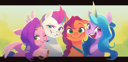 Size: 1809x883 | Tagged: safe, artist:ningukt, artist:うかた, character:izzy moonbow, character:pipp petals, character:sunny starscout, character:zipp storm, species:earth pony, species:pegasus, species:pony, species:unicorn, g5, adorapipp, adorazipp, colored eyebrows, colored hooves, cute, dreamworks face, eyebrows, female, females only, floppy ears, front view, full face view, gradient hair, group, hooves, izzybetes, looking at you, mare, multicolored hair, one eye closed, open mouth, open smile, pipp wings, raised hoof, royal sisters (g5), siblings, sisters, smiling, smiling at you, spread wings, sunnybetes, three quarter view, unshorn fetlocks, wings, wink, winking at you