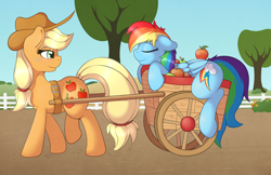 Size: 5100x3300 | Tagged: safe, artist:ratofdrawn, character:applejack, character:rainbow dash, species:earth pony, species:pegasus, species:pony, ship:appledash, g4, absurd resolution, apple, apple family member, applejack's hat, cart, clothing, cowboy hat, duo, duo female, eyes closed, female, folded wings, food, freckles, harness, hat, lesbian, looking at someone, mare, outdoors, shipping, sky, sleeping, smiling, stetson, tack, tree, wings