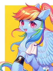 Size: 1500x2000 | Tagged: safe, artist:leafywind, character:rainbow dash, species:pegasus, species:pony, g4, alternate hairstyle, backwards cutie mark, chest fluff, cute, dashabetes, fangs, female, headband, looking at you, mare, open mouth, open smile, ponytail, sharp teeth, smiling, smiling at you, solo, sweatband, towel, wings