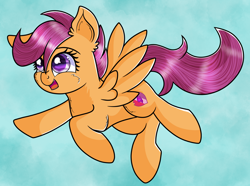 Size: 2266x1688 | Tagged: safe, artist:nyx-nintendencies, artist:rainbowtashie, character:scootaloo, species:pegasus, species:pony, newbie artist training grounds, g4, atg 2019, eyebrows, female, filly, flying, happy, open mouth, open smile, scootaloo can fly, sky, smiling, solo, spread wings, the cmc's cutie marks, wings, young