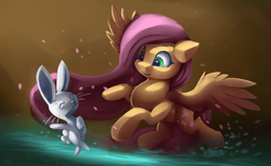 Size: 4407x2700 | Tagged: safe, alternate version, artist:auroriia, character:angel bunny, character:fluttershy, species:pegasus, species:pony, species:rabbit, g4, animal, cute, dancing, duo, duo male and female, eyebrows, eyes closed, female, flying, happy, high res, looking at someone, male, mare, open mouth, open smile, shyabetes, smiling, splashing, spread wings, water, wings