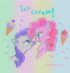 Size: 1026x1080 | Tagged: safe, artist:flutterberrypie, character:pinkie pie, character:rarity, species:earth pony, species:pony, species:unicorn, ship:raripie, chest fluff, cute, ear fluff, food, ice cream, rainbow background, shipping, strawberry