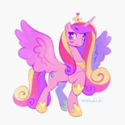 Size: 1500x1500 | Tagged: safe, artist:iksiudodi_, character:princess cadance, species:alicorn, species:pony, g4, blush sticker, blushing, colored eyebrows, colored wings, colorful, crown, crystal princess, cute, cutedance, eyebrows, eyebrows visible through hair, eyelashes, female, gradient hair, heart, heart eyes, horn, jewelry, long mane, looking at you, mare, meta, multicolored hair, multicolored wings, pink fur, princess, raised eyebrow, raised hoof, raised leg, regalia, royalty, signature, simple background, smiling, smiling at you, smirk, solo, sparkly eyes, spread wings, tail, three quarter view, twitter, wingding eyes, wings