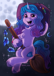Size: 1180x1660 | Tagged: safe, artist:kotya, character:izzy moonbow, species:pony, species:unicorn, g5, belly button, bracelet, broom, chest fluff, clothing, colored hooves, crystal, cute, female, flying, flying broomstick, friendship bracelet, full moon, gradient hair, halloween, happy, hat, holiday, hooves, izzybetes, jewelry, looking at you, mare, moon, multicolored hair, open mouth, open smile, smiling, smiling at you, solo, unshorn fetlocks, witch hat