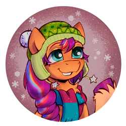 Size: 2300x2300 | Tagged: safe, artist:kotya, derpibooru original, character:sunny starscout, species:earth pony, species:pony, g5, bust, clothing, colored eyebrows, cute, eyebrows, female, hat, knit hat, mane stripe sunny, mare, raised hoof, scarf, smiling, snow, snowfall, solo, striped scarf, sunnybetes, tuque, unshorn fetlocks, winter, winter hat, winter outfit