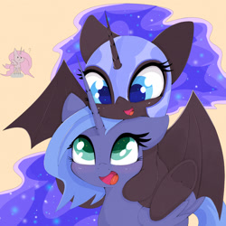 Size: 2048x2048 | Tagged: safe, artist:zokkili, character:nightmare moon, character:princess celestia, character:princess luna, species:alicorn, species:pony, g4, :3, alternate hair color, bat wings, colored pupils, cream background, cute, duality, duo, female, filly, filly luna, folded wings, high res, horn, light side, looking at each other, looking at someone, looking down, looking up, lunabetes, moonabetes, nicemare moon, nightmare woon, open mouth, open smile, pink-mane celestia, ponies riding ponies, riding, simple background, smiling, smiling at each other, spread wings, wings, woona, young, younger