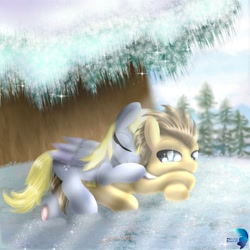 Size: 2000x2000 | Tagged: safe, artist:phoenixpaintfg, character:derpy hooves, character:doctor whooves, character:time turner, species:earth pony, species:pegasus, species:pony, g4, duo, duo male and female, eyes closed, female, high res, lying down, male, mare, outdoors, signature, smiling, snow, snuggling, sparkles, sparkly eyes, stallion, tree, wingding eyes, wings, winter