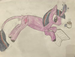 Size: 3400x2600 | Tagged: safe, artist:willowthebrony, manebooru original, character:twilight sparkle, species:classical unicorn, species:pony, species:unicorn, book, cloven hooves, drink, food, hot chocolate, leonine tail, magic, magic aura, manechat challenge, marshmallow, solo, tail, traditional art