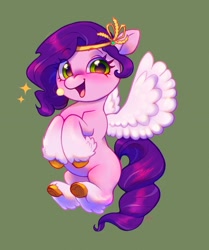Size: 1509x1802 | Tagged: safe, artist:catmintyt, character:pipp petals, species:pegasus, species:pony, g5, adorapipp, blushing, circlet, coat markings, colored hooves, colored wings, cute, diadem, eye clipping through hair, eyebrows, eyebrows visible through hair, feathered fetlocks, female, flying, green background, happy, headband, hoof heart, hooves, jewelry, looking at you, mare, microphone, open mouth, open smile, pipp wings, regalia, signature, simple background, smiling, smiling at you, socks (coat marking), solo, spread wings, underhoof, unshorn fetlocks, wings