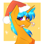 Size: 700x701 | Tagged: safe, artist:twilexis, oc, oc only, oc:solar wave, species:pony, species:unicorn, candy, candy cane, christmas, christmas hat, food, hearth's warming, holiday, purple eyes, simple background, smiling, snow, snowflake, ych result