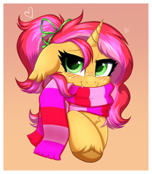 Size: 3353x3843 | Tagged: safe, alternate version, artist:confetticakez, oc, oc only, oc:strawberry filling (thempc), species:bat pony, species:pony, species:unicorn, bat pony hybrid, bat pony unicorn, bow, clothing, cute, ears back, fangs, female, freckles, gift art, gradient background, heart, looking at you, mare, ocbetes, ponytail, scarf, sharp teeth, simple background, yakutian horse, ych result