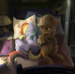Size: 5695x5660 | Tagged: safe, artist:flvski, character:applejack, character:rainbow dash, species:earth pony, species:pegasus, species:pony, ship:appledash, g4, absurd resolution, apple family member, applejack is not amused, applejack's hat, bed, belly, butt, cellphone, clothing, cowboy hat, crossed arms, cute, dashabetes, duo, duo female, eyebrows, eyes closed, female, freckles, hat, hug, indoors, jackabetes, lamp, lesbian, mare, on bed, phone, pillow, plot, scrunchy face, shipping, sitting, sleeping, smartphone, stetson, tail, tail hug, unamused