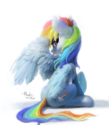Size: 7000x8000 | Tagged: safe, artist:flvski, character:rainbow dash, species:pegasus, species:pony, g4, absurd resolution, butt, cute, dashabetes, eyebrows, feathered wings, female, fluffy, grooming, looking at you, looking back, looking back at you, mare, one wing out, plot, preening, raised hoof, shadow, signature, simple background, sitting, solo, tongue out, white background, wing fluff, wings