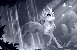 Size: 2500x1620 | Tagged: safe, artist:yakovlev-vad, oc, oc only, oc:cloudy canvas, species:kirin, butterfly, female, lost source, monochrome, moss, nature, original art, smiling, solo, splash, waterfall