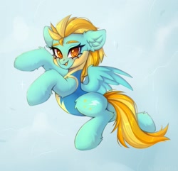 Size: 2376x2286 | Tagged: safe, artist:arisuyukita, character:lightning dust, species:pegasus, species:pony, g4, belly, blushing, butt, clothing, colored eyebrows, cute, dustabetes, ear fluff, eyebrows, female, fluffy, flying, looking at you, mare, open mouth, open smile, plot, smiling, smiling at you, solo, spread wings, uniform, wings, wonderbolts, wonderbolts uniform