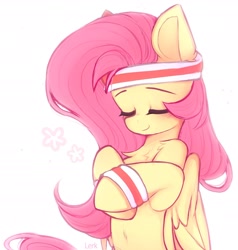Size: 2212x2319 | Tagged: safe, artist:lerkfruitbat, character:fluttershy, species:pegasus, species:pony, episode:hurricane fluttershy, g4, my little pony: friendship is magic, belly, belly button, blushing, bracelet, chest fluff, cute, dawwww, eyebrows, eyes closed, female, folded wings, headband, high res, hooves, hooves to the chest, jewelry, mare, shyabetes, signature, simple background, smiling, solo, sweatband, three quarter view, white background, wings, wristband