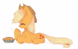 Size: 2432x1536 | Tagged: safe, artist:lerkfruitbat, character:applejack, species:earth pony, species:pony, g4, apple, apple family member, apple pie, applejack's hat, chest fluff, clothing, cowboy hat, cute, ear fluff, eyes closed, female, food, freckles, hat, jackabetes, lying down, mare, pie, prone, signature, simple background, smiling, solo, sparkles, stetson, white background
