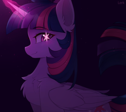 Size: 4500x4000 | Tagged: safe, artist:lerkfruitbat, character:twilight sparkle, character:twilight sparkle (alicorn), species:alicorn, species:pony, g4, absurd resolution, ai hoshino, blushing, chest fluff, cute, ear fluff, eyebrows, eyebrows visible through hair, female, folded wings, glowing eyes, glowing horn, horn, looking at you, magic, magic aura, mare, oshi no ko, profile, signature, smiling, smiling at you, solo, starry eyes, twi hoshino, twiabetes, wingding eyes, wings