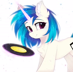 Size: 2560x2550 | Tagged: safe, artist:lerkfruitbat, character:dj pon-3, character:vinyl scratch, species:pony, species:unicorn, g4, chest fluff, colored eyebrows, concave belly, cute, ear fluff, eyebrows, eyebrows visible through hair, female, glowing horn, high res, horn, levitation, looking at you, magic, mare, record, signature, simple background, smiling, smiling at you, solo, sternocleidomastoid, telekinesis, vinylbetes, white background