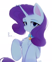Size: 1725x2048 | Tagged: safe, artist:lerkfruitbat, character:rarity, species:pony, species:unicorn, g4, :t, behaving like a cat, bell, bell collar, chest fluff, collar, cute, eyebrows, female, horn, looking at you, mare, pet, pony pet, purring, raribetes, raricat, signature, simple background, solo, white background