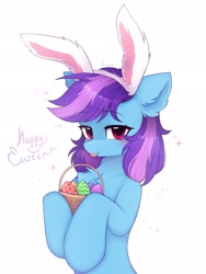 Size: 1687x2247 | Tagged: safe, artist:lerkfruitbat, oc, oc only, oc:nohra, species:earth pony, species:pony, basket, blep, bunny ears, chest fluff, cute, ear fluff, earth pony oc, easter, easter egg, egg (food), eyebrows, eyebrows visible through hair, female, food, happy easter, holiday, looking at you, mare, ocbetes, signature, simple background, solo, sparkles, text, tongue out, white background