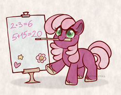 Size: 2222x1751 | Tagged: safe, artist:marsel1nushka, character:cheerilee, species:earth pony, species:pony, g4, blank flank, cheeribetes, colored hooves, colored pupils, cute, female, filly, filly cheerilee, foal, freckles, holding, hooves, math, mouth hold, pointer, raised hoof, signature, solo, underhoof, unshorn fetlocks, young, younger