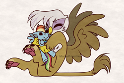 Size: 2143x1446 | Tagged: safe, artist:marsel1nushka, character:gilda, character:rainbow dash, species:griffon, g4, cute, eyebrows, eyebrows visible through hair, eyes closed, female, gildadorable, hug, paw pads, paws, pillow, pillow hug, plushie, signature, simple background, sitting, spread wings, three quarter view, toe beans, toy, underpaw, white background, wings