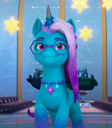 Size: 432x495 | Tagged: safe, screencap, character:comet, species:auroricorn, species:pony, episode:secrets of starlight, g5, my little pony: make your mark, my little pony: make your mark chapter 6, chocolate, cometbetes, cute, drink, food, glasses, hot chocolate, jewelry, male, necklace, serving tray, smiling, solo, stallion