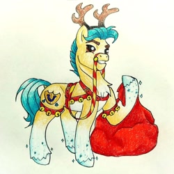 Size: 1048x1048 | Tagged: safe, artist:mintytreble, character:hitch trailblazer, species:deer, species:earth pony, species:pony, species:reindeer, g5, antlers, bells, blaze (coat marking), christmas, coat markings, colored eyebrows, eyebrows, holiday, looking at you, male, raised hoof, santa sack, simple background, smiling, smiling at you, snow, socks (coat marking), solo, sparkles, stallion, traditional art, unshorn fetlocks, white background