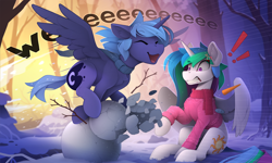 Size: 2460x1475 | Tagged: safe, artist:yakovlev-vad, character:princess celestia, character:princess luna, species:alicorn, species:pony, g4, carrot, chest fluff, clothing, cross-popping veins, duo, duo female, ear fluff, exclamation point, eye clipping through hair, eyebrows, eyebrows visible through hair, eyes closed, female, food, gritted teeth, horn, mare, open mouth, open smile, outdoors, royal sisters, scarf, shrunken pupils, siblings, sisters, sitting, smiling, snow, snowman, spread wings, stick, sweater, vein, wings, winter