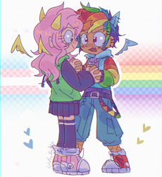 Size: 847x919 | Tagged: safe, artist:linterteatime, character:fluttershy, character:rainbow dash, species:human, ship:flutterdash, g4, clothing, cute, dashabetes, duo, duo female, ear piercing, earring, eye contact, female, heart, holding hands, hoodie, humanized, jeans, jewelry, lesbian, looking at each other, looking at someone, open mouth, open smile, pants, piercing, pride, pride flag, shipping, shoes, shyabetes, skirt, smiling, sneakers, socks, species swap, transgender pride flag