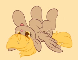 Size: 2048x1578 | Tagged: safe, artist:tamabel, character:derpy hooves, species:pegasus, species:pony, g4, cute, derpabetes, female, mare, simple background, solo, spread wings, tongue out, upside down, wings, yellow background