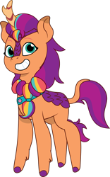 Size: 813x1301 | Tagged: safe, artist:prixy05, derpibooru original, character:sunny starscout, species:kirin, g5, my little pony: tell your tale, colored hooves, concave belly, cute, digital art, female, grin, hooves, kirin-ified, mane stripe sunny, simple background, smiling, solo, species swap, sunny's buttons, sunnybetes, transparent background, unshorn fetlocks, vector