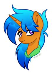 Size: 1294x1756 | Tagged: safe, artist:rainer, oc, oc only, oc:solar wave, species:pony, species:unicorn, clothing, hoodie, looking at you, purple eyes, smiling