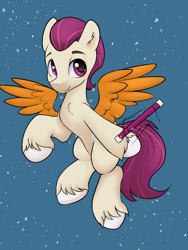 Size: 3000x4000 | Tagged: safe, artist:dumbwoofer, derpibooru original, character:rocky riff, species:pegasus, species:pony, g5, chest fluff, colored hooves, ear fluff, flying, hooves, male, motion lines, simple background, smiling, snow, snowfall, solo, spread wings, stallion, unshorn fetlocks, wand, wings